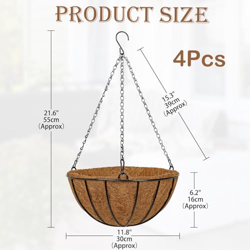 12 Inch Metal Hanging Basket with Coco Coir Liner for Flowers Planting, 4 Pack Hanging Baskets for Plants Outdoor, Round Wire Planters with Chain for Home Patio Porch Balcony Garden Decor - size: 12" & 4 Pcs