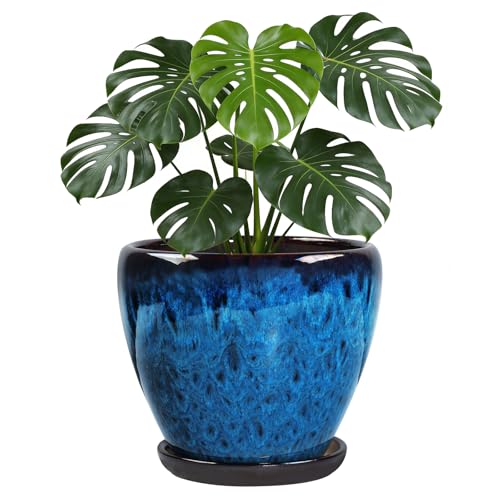 Ceramic Plant Pots With Saucer & Drainage Hole, 10 inch Indoor Flower Pots - color: Blue, size: 10 inch