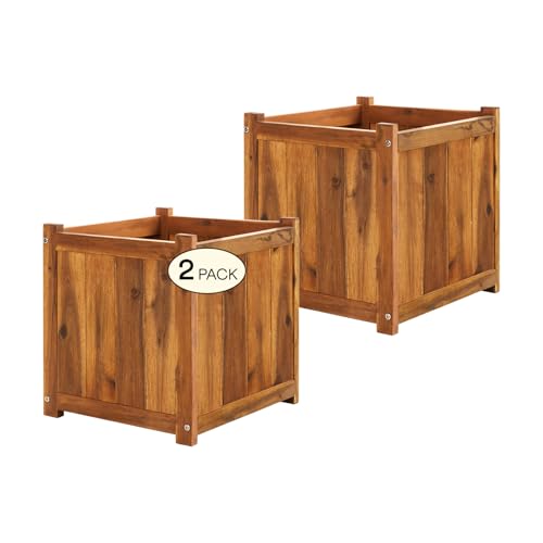 Idzo Set of 2 Acacia Wood Flower Planters for Outdoor Plants, Ergonomic Handles, Drainage Holes, Various Sizes, Ideal for Home Décor, Light Cherry - color: Square Cherry_2pcs