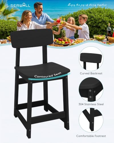 SERWALL 3-Piece Outdoor HDPE Counter-Height Bar Set with 2 Stools, Black - color: Black, size: 3 Piece Bar Set