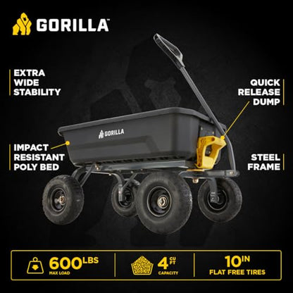 Gorilla Carts Dump Garden Cart, 4 Cu Ft, 600 lb Capacity, No-Flat Tires - size: 4-Cubic Feet