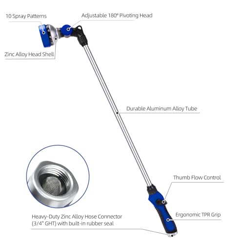 Watering Wand for Garden Hose, 30 Inch, 10 Spray Patterns, Thumb Control Garden Hose Nozzle, Adjustable Water Sprayer with Pivoting Head, Ideal for Hanging Baskets, Plants, and Shrubs, Blue