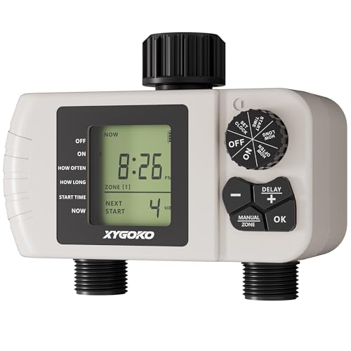 2 Zone Sprinkler Timer, Programmable Digital Water Timer with Rain Delay, Waterproof, Automatic and Manual Irrigation Controller for Garden Hose, Lawn, Yard
