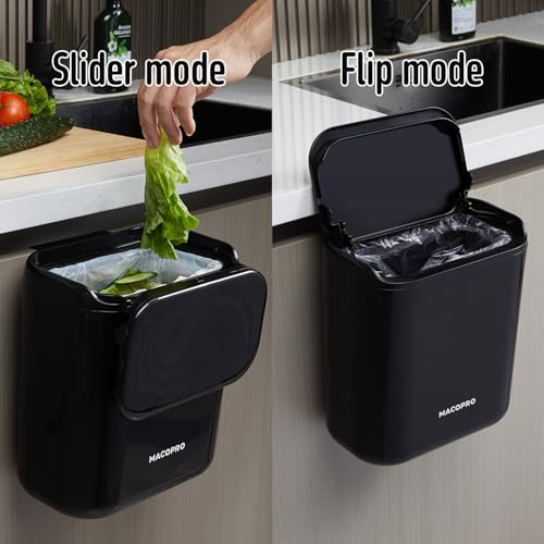 MACOPRO Compost Bin Hanging Trash Can with Lid Under Sink for Kitchen, Food Waste Bin for Countertop with Lid, Mountable Garbage Can for Bathroom, RV, 8L/2.6Gal