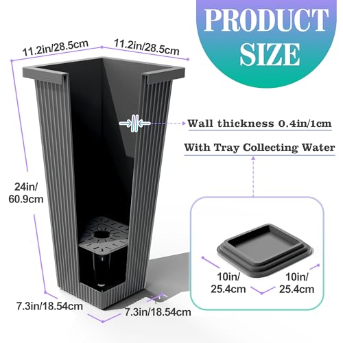 TUYOHW 24 Inch Tall Tapered Square Planters (Set of 2) - Indoor Outdoor Large Flower Pots with Built-in Drainage & Matching Water Tray for Patio, Garden, Home - Gray - color: Gray-ribbed