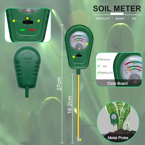 3-in-1 Soil Test Kit, Soil Moisture Meter/Soil ph Meter/Fertility Soil Tester, Soil Hygrometer for Garden, Farm, Plant, Outdoor, Indoor, Lawn Care Moisture Meter for Hous Plants (No Battery Needed)