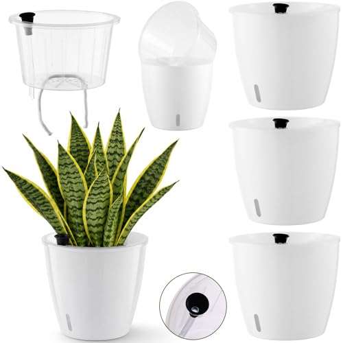 Upgraded Self Watering Pots for Indoor Plants, 3-Pack 6.7 Inch Top-Fill Self Watering Planter with Water Window, Orchid Pots, Clear Wick Inner Basket with Drainage, White - color: White, size: 6.7 Inch/3 Packs
