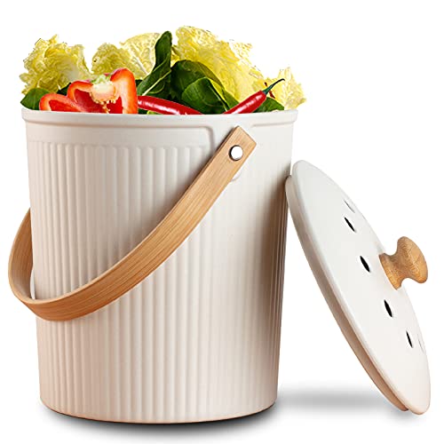 LALASTAR Countertop Compost Bin with Lid, Made of Sustainable Bamboo Fiber, Odorless Kitchen Compost Bucket, 1 Gallon, Cream - color: Cream
