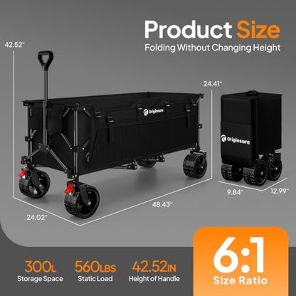 Originsure 300L Beach Wagons Carts Foldable with Big Wheels, 560lbs, Black - color: Black