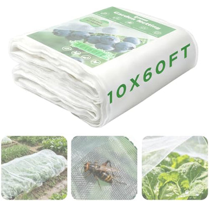 10 X 60FT Garden Mesh Netting Ultra Fine Mesh Netting Pest Barrier, Insect Bug Bird Netting for Vegetables Fruit Flower Garden Protection, Thickened 60 Mesh Row Covers Fabric Screen from Birds Bugs - size: 10FT X 60FT