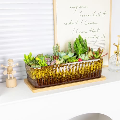 Succulent Pots, 12'' Long Rectangle Planters with Tray, Windowsill Planter - color: Yellow