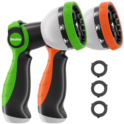 Besiter Garden Hose Nozzle, Hose Sprayer Nozzle with 10 Spray Patterns, Thumb Control On Off Valve,2 Pack Heavy Duty Metal Water Hose Nozzle for Car Wash, Plants, Pets & Outdoor Cleaning Green Orange - color: GreenOrange