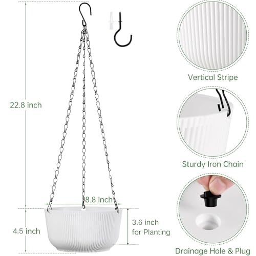 8 Inch White Hanging Planters for Outdoor Indoor Plants - Set of 2 - color: White, size: 8 Inch