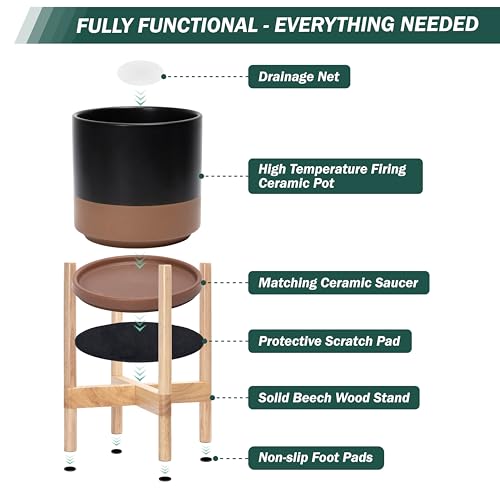 D'vine Dev Ceramic Pot with Natural Wood Stand, Black/Tan, 8 in, 55-B-N-7 - color: Black/Speckled Tan Pot + Natural Stand, size: 8 Inch