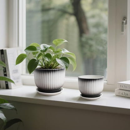 6.7 + 5.5 Inch Ceramic Plant Pots, Set of 2, Black + White - color: Black + White