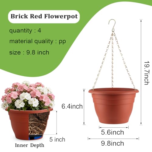 Hanging Planters 10 Inch, 4 Pack Self-Watering Hanging Baskets, Pottery Red - color: Pottery Red, size: 10 Inch-4P