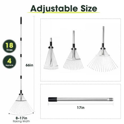 Rake for Leaves 18 Teeth, 8-17" Adjustable Width Metal Rake - size: 8"-17" Wide, 34"-66" Long