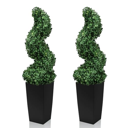 Mavis's Diary Artificial Spiral Topiary Tree 2.6ft with Elegant Sculpted Shape, UV Resistant Faux Boxwood in Square Black Pot for Indoor Entryway, Living Room, Office, Home Decor - size: 2.6ft