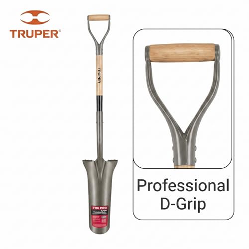 Truper Tru Pro 16-Inch Drain Spade, 32-Inch Premium Ash Wood Handle with D-Grip, Turned Steps, Heavy-Duty Trenching and Drainage Shovel (Model PEP-16-RBA / 31253)