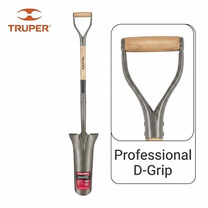 Truper Tru Pro 16-Inch Drain Spade, 32-Inch Premium Ash Wood Handle with D-Grip, Turned Steps, Heavy-Duty Trenching and Drainage Shovel (Model PEP-16-RBA / 31253)