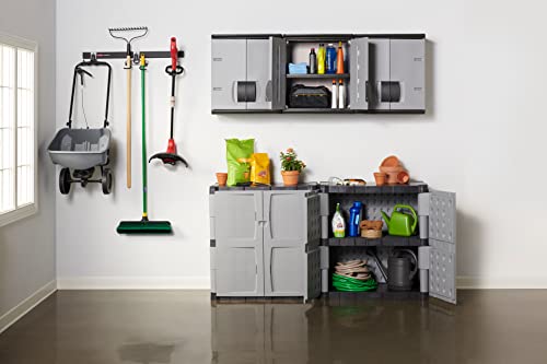 Rubbermaid Wall Mounted Storage Cabinet with Doors 150-Pound Capacity Gray Lockable Three-Shelf Cubbard for Tools/Car Accessories/Cleaning in Home/Garage/Outdoor Areas - size: Small