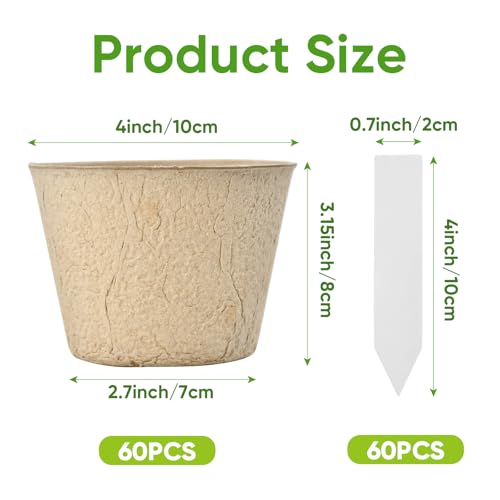 60 Pack 4 Inch Seed Starter Peat Pots with Plant Labels