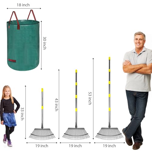 Adjustable Metal Leaf Rake Set, 38-73" Handle, 19" Wide with Gallon Leaf Bags & Leaf Grabbers – Heavy Duty Garden Rake for Lawns, Shrubs, Grass, Flower Beds & Outdoor Use - style: RAKE-SET-B
