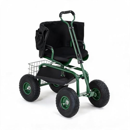 Rolling Garden Cart with Seat, Garden Workseat with 360-Degree Swivel - color: Green+backrest