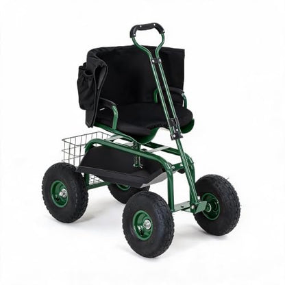 Rolling Garden Cart with Seat, Garden Workseat with 360-Degree Swivel - color: Green+backrest