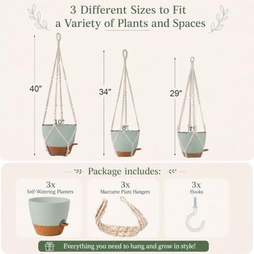Bouqlife Large Hanging Planters with Macrame Plant Hangers for Indoor Outdoor Plants 3 Set 10" / 8" / 7" Self Watering Pots Hanging Baskets Flower Pot Holders 3 Different Size Green Large - color: Self Watering Green, size: Large