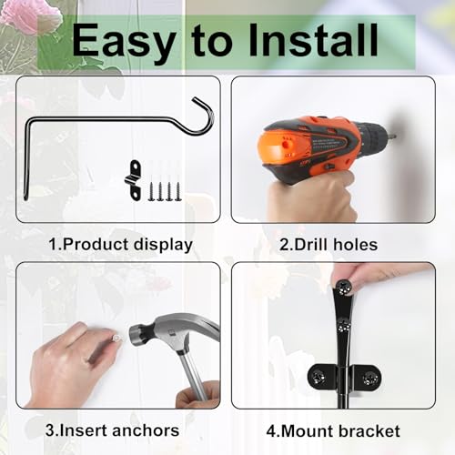 13.3IN Metal Plant Hangers Outdoor, Wall Mount for Planters, 4 Pcs - color: Black, size: 13.3 INCH-Shaped Straight Hook