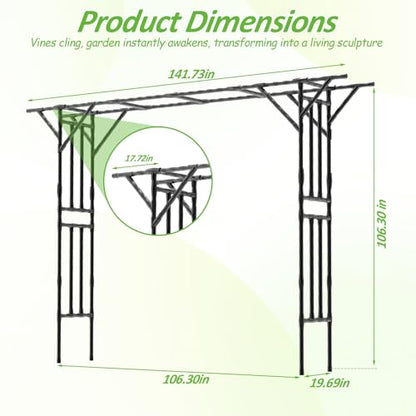 Garden Arch Trellis 141.7"L×106.3"H Sturdy & Rustproof Large Flat Top Arbor - size: 141(L)*106(H)*20(W)inch-25MM