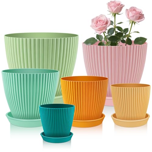 SupKing Plant Pots with Drainage Saucers 7.5/6.7/6/5/4/3.5 Inch Set of 6,Plastic Flower Pots Planters with Multi Mesh Drainage Holes Multicolor Nursery Planting Pot for Indoor Outdoor Garden Plants - color: Multicolor, size: 7.5/6.7/6/5/4/3.5 inch