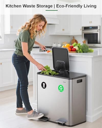 Lovewind 2×11.5 Gallon Dual Trash Can, Stainless Steel Dual Garbage and Recycling Can with Foot Pedal, 90° Stay-Open Lid, Pet-Proof Design – Large Dual Compartment Trash Recycling Bins Kitchen, Silver - color: Silver, size: 23 Gallon