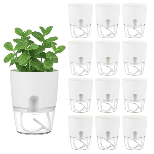 Planterhoma 12 Pack Self Watering Pots for Indoor Plants, 3.2 Inch Plant Pot Plastic Self Watering Planter for Orchid, African Violet, Clear Flower Pots with Drainage Holes and Wicking Rope, White - color: White, size: 3.2 In - 12 Packs