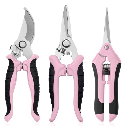 3 Pack Garden Pruning Shears, Stainless Steel Shears, Gardening Shears Scissors Pruning Shears for Gardening Tools (3PCS Pink and Black) - color: Pink and Black