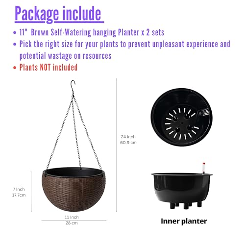 LaLaGreen Hanging Planters (11in, 2 Pack) Self-Watering Hanging Flower Pots - color: Brown X 2
