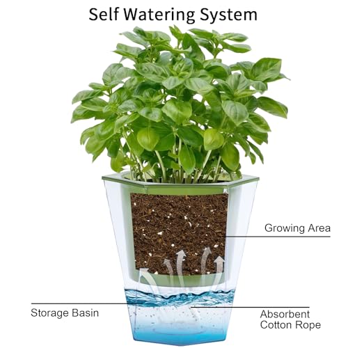 Oliz Self Watering Planter 5 Pcs, 4.5 Inch Flower Plant Pot with Transparent Inner Pot, Gardening Flowerpot with Watering Can, Indoor Self Watering Planter Pot for Herbs, Flowers (Green) - color: Green