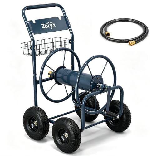 Zoryx 300ft Heavy Duty Garden Hose Reel Cart, Metal Water Hose Cart with 4 Wheels, Tangle-Free Portable Hose Reel, Anti-Leak Brass Fittings, Storage Basket for Outside Yard, Outdoor Planting Tool