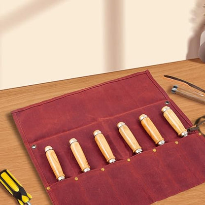 Chisel Roll, 6 Pockets Roll Up Tool Pouch, Waxed Canvas Small Tool Roll - color: Red