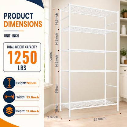 LEVELEVE 5-Tier Metal Storage Shelves, 33.1" x 12.6" x 72", Heavy Duty Utility Shelving Unit, Tall Rust-Resistant Organizer Rack for Garage, Pantry, Bathroom, Office, White - color: White-5t