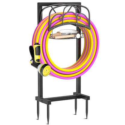 Garden Hose holder, 4-Spike Heavy Metal with Storage Basket, Arch - style: curved line with Storage Basket