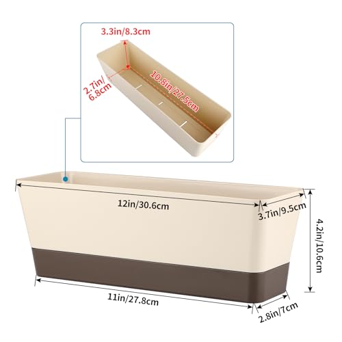 Window Box Planter with Tray, 12" Rectangle Plant Pot, Pack of 2 (Beige)