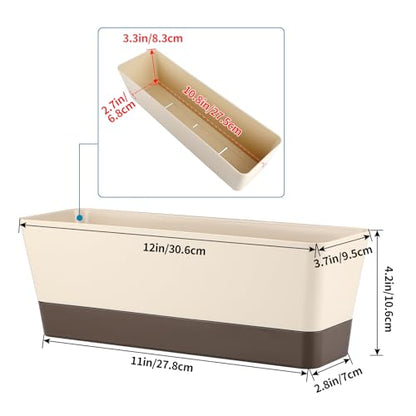 Window Box Planter with Tray, 12" Rectangle Plant Pot, Pack of 2 (Beige)