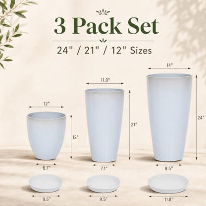 Neoaider Set of 3 Tall Planter, 24/21/12in Large Plastic Planter, WhiteJade - color: White Jade