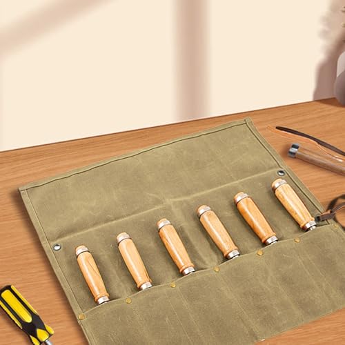 Chisel Roll, 6 Pockets Roll Up Tool Pouch, Waxed Canvas Small Tool Roll - color: Khaki