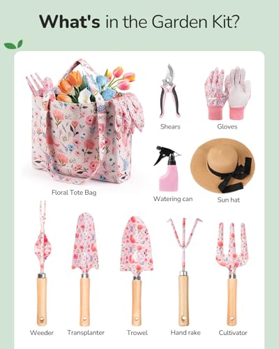 Grenebo Gardening Tools 10-Piece Garden Tool Set with Floral Bag, Pink - color: Pink