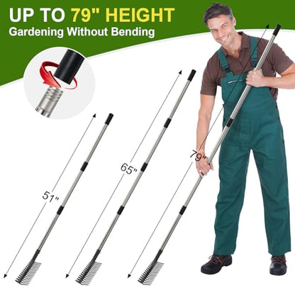Bow Rake, 79" Heavy Duty Garden Rake with Wide 17 Tines Head & Stainless Steel Handle, Adjustable Rakes for Lawns Yard Loosening Soil Thatching Gathering Leaves Gravel - style: 79 inch
