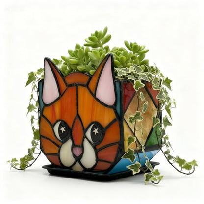 Star Orange Cat Planter, Stained Glass Flower Pot, Art Deco Style, Indoor Plant Container with Drainage Hole, 4.6x3x5.15 Inches - color: Orange