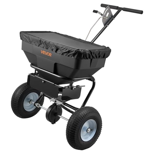 VEVOR Broadcast Spreader, 12ft Spreading Width, Push Broadcast Spreader with 13" All-Terrain Tires, Adjustable Flow Control, 130lbs Capacity Hopper, Lawn Spreaders for Fertilizer Seed Ice Melt